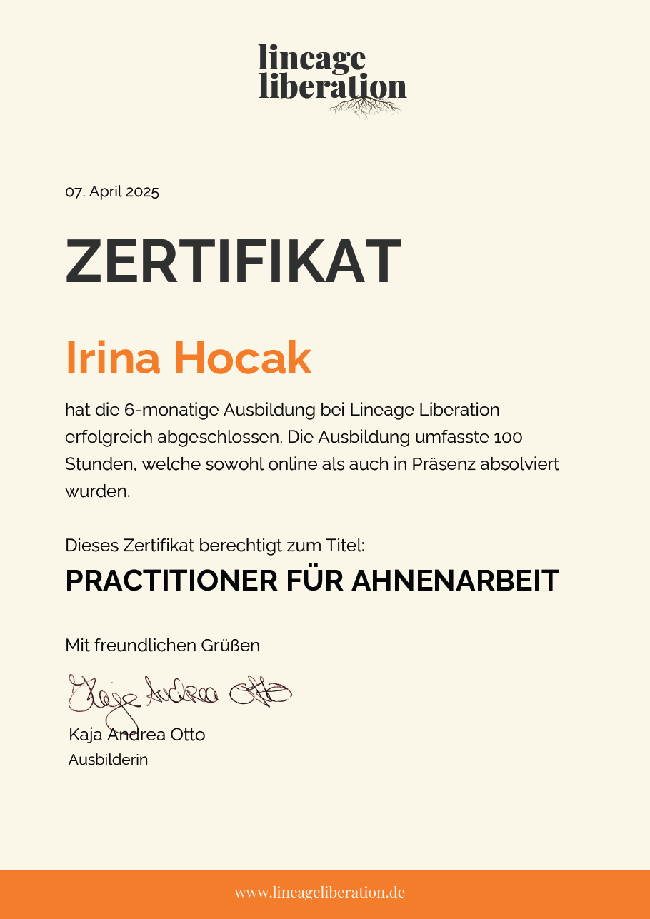 Zertifikat von Irina Hocak für die Profession zurr Ahnenarbeit